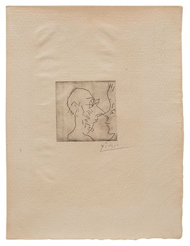 Pablo Picasso, (1881-1973), "Caricature," for "Pierres," 1958, Drypoint printed on beige paper, presumably Auvergne Gourbeyre laid, Plate: 2.375" H x 