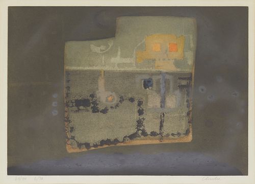 Geoffrey Clarke, (1924-2014), "Aerial," Abstracted aerial view of Cambridge University Library 1958, Aquatint in colors on paper, Plate: 14.625" H x 2