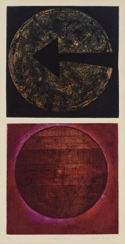 Jennifer Dickson, (b. 1936), "Les Premiers Astres," 1965, Etching and aquatint in colors on paper, Each plate: 13.5" H x 13.5" W; Sight: 29" H x 15" W