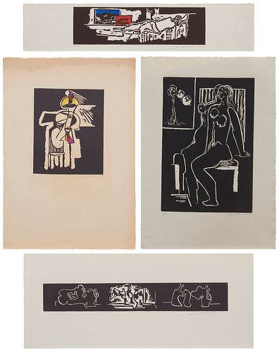 Hans Burkhardt, (1904-1994), A group of 13 abstract images, Woodcuts in color or black and white on various papers, Largest: 15" H x 22.25" W; Smalles