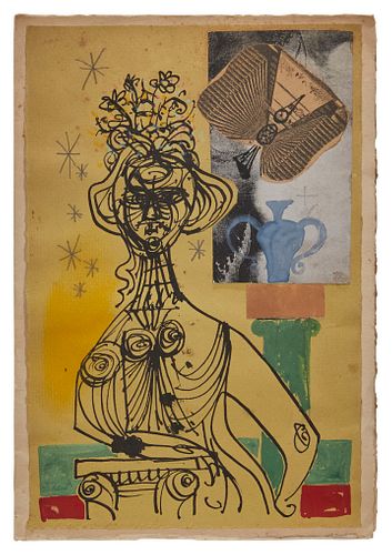 Byron Browne, (1907-1961), Handmade greeting card, 1949, Collage and mixed media on paper tipped to paper, Overall: 9.375" H x 6.5" W
