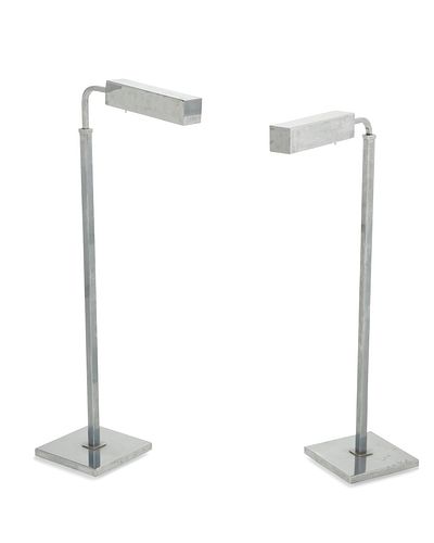 A pair of Koch and Lowy-style chrome adjustable floor lamps Circa 1970s-1980s 39" H x 14.5"W x 8.5" D
