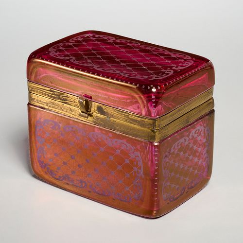 Antique Bohemian cranberry glass jewelry casket
