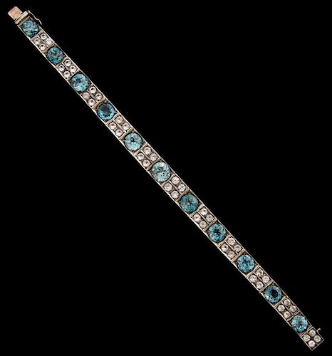 Art Deco blue zircon and white sapphire bracelet mounted in white metal tested as 9 ct gold.