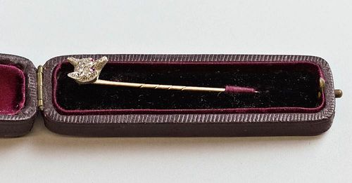 19th C diamond set fox pin, with rose cut diamonds and ruby eyes, in silver and gold, cased
