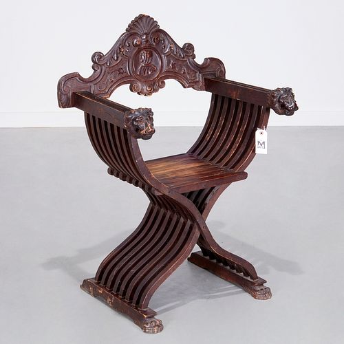 Italian carved walnut Savonarola chair