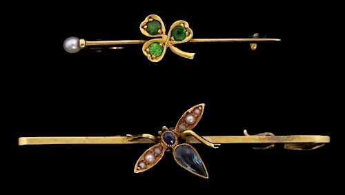 Two Victorian bar brooches, bug with  pearls and sapphire to the body on an 18 ct yellow gold bar brooch and the other a dema