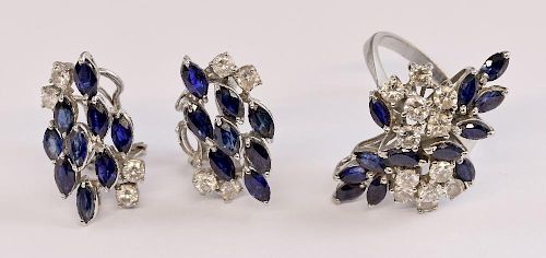 Sapphire and diamond spray dress ring with matching clip-on earrings mounted in 18 ct white gold.