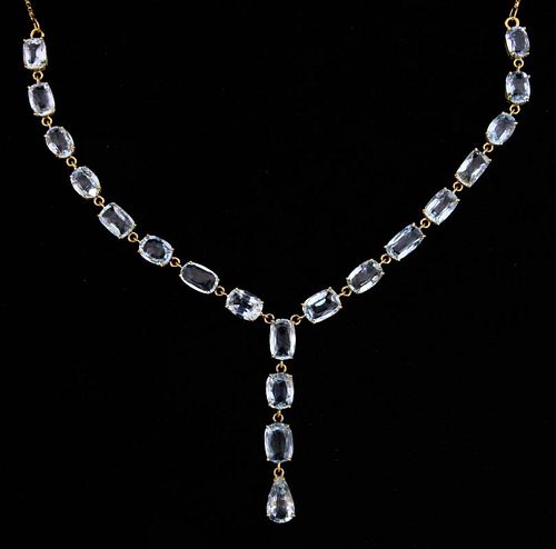 Aquamarine and gold necklace set with cushion, oval and pear shape aquamarines. Length 55 cm. Estimated total aquamarine weig