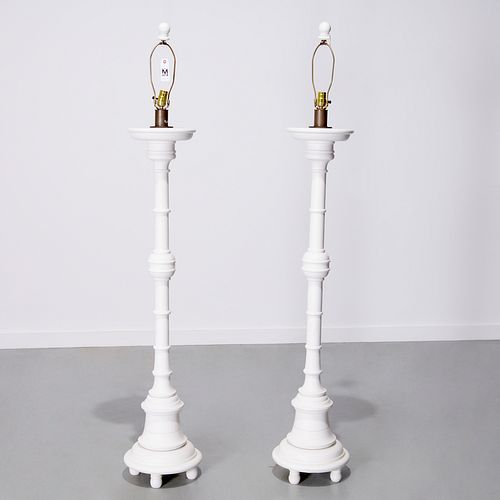 Pair Custom Designer turned wood floor lamps