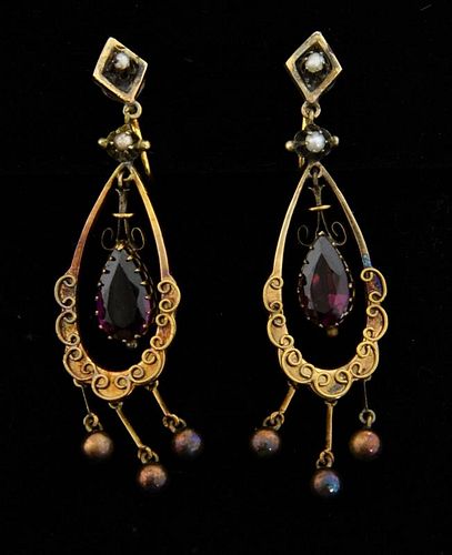 Victorian amethyst and gold drop earrings, oval shape pear shape amethyst suspended from the middle with seed pearl detail to