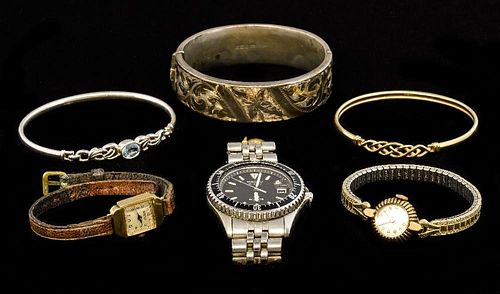 Gold bangle with engraved decoration, two ladies gold watches, all  9 ct, Seiko watch, silver and topaz bangle, silver bangle