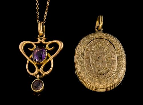 Edwardian pendant, amethyst set in 15 ct gold, on 9 ct gold chain and a gold cased locket