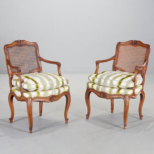 Pair Louis XV style caned back beechwood fauteuils