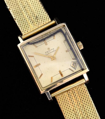 Gentleman's Zenith automatic watch ,9 ct gold, rectangular dial with gold hour markers and date aperture at 5, on an 18 ct go