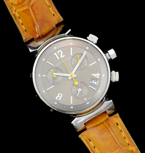 Ladies Louis Vuitton Tambour chronograph stainless steel watch, brown metallic dial with silver numerals, date aperture at 4,