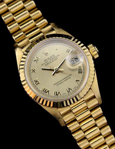 Ladies Rolex Oyster Perpetual DateJust 18ct gold bracelet watch, Circa 2000, champagne  colour dial and roman numerals, date 
