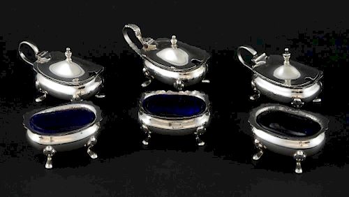 Modern silver three piece cruet set, comprising mustard pot and cover, and two salts, by J B Chatterley & Sons Ltd., Birmingh