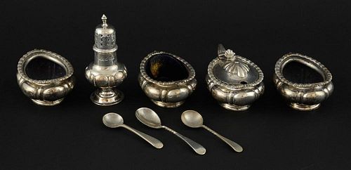 Victorian silver part cruet set, three salts, pepperette and mustard pot and cover with three non-matching spoons, by Thomas 