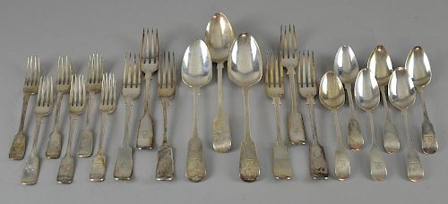 William IV/Victorian Irish silver fiddle pattern cutlery, comprising three tablespoons (two with raised sword in hand crest) 