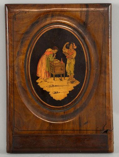 Continental walnut folding mirror with inlaid figural decoration set in an oval panel, 23cm x 16.5cm,