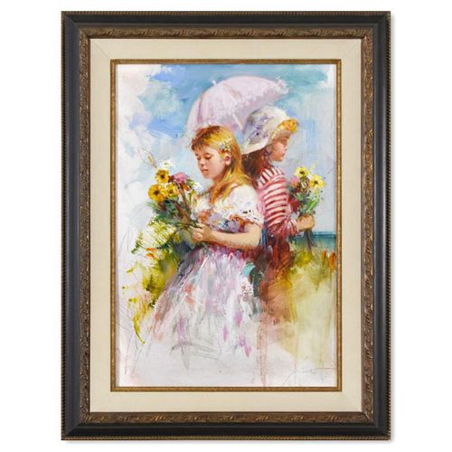 Pino (1939-2010), "Picking Flowers" Framed Original Oil Study on Board, Hand Signed with Certificate of Authenticity.