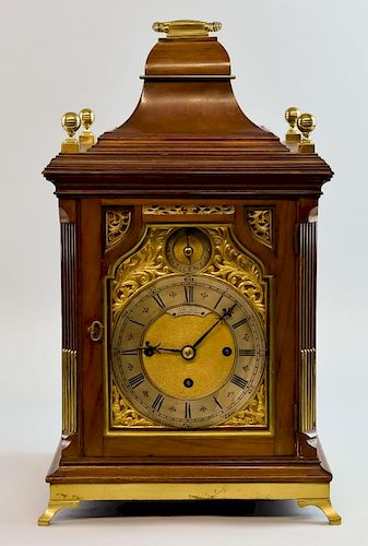 Late Victorian mahogany and brass mounted table clock, by Lund and Blockley, 42 Pall Mall, London, with bell top and brass ha