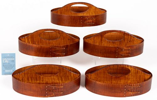 JOE DOWDEN (CONNECTICUT) SHAKER TIGER MAPLE DIVIDED CARRIER, LOT OF FIVE