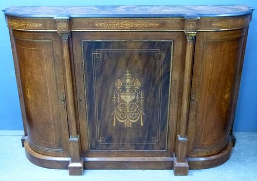 19th  century mahogany and marquetry inlaid credenza, panelled doors flanked by two bow fronted doors on plinth base, 98cm x 