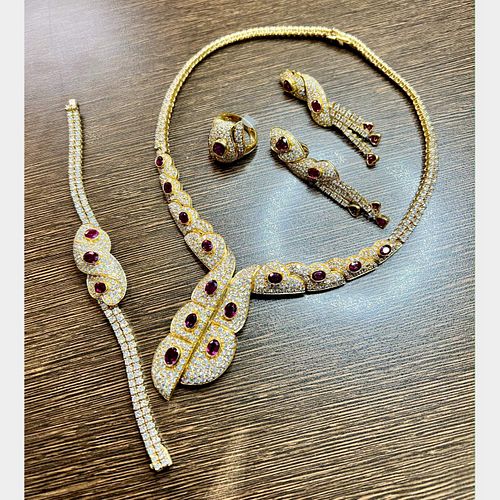 18K Yellow Gold Ruby & Diamond Necklace, Bracelet, Ring, Earring Set