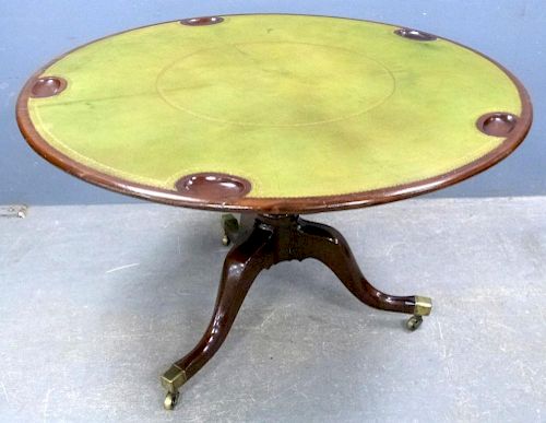 19th century mahogany tilt-top card table with inset leather top and five counter wells, on turned column and tripod base, 73