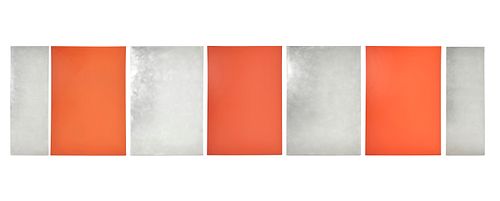 Frederick Spratt, (1927-2008), "Orange Wall," 1978, Acrylic lacquer, tooling, and Coricone on seven aluminum panels, 71" H x 262.5" W x 0.375" D