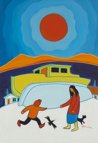 Ted Harrison, (1926-2015), Red sun over a small town, Oil on canvas, 36" H x 24" W