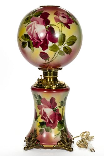 VICTORIAN ROSES ENAMEL-DECORATED GONE WITH THE WIND KEROSENE PARLOR LAMP