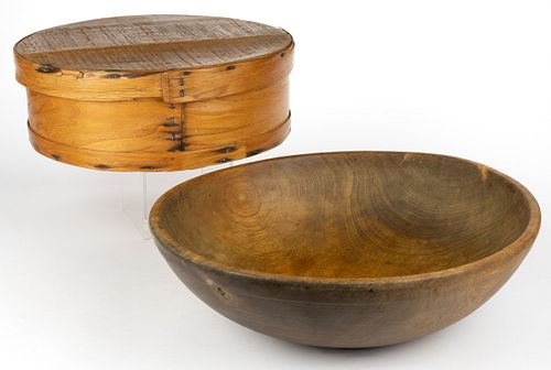 AMERICAN COUNTRY TREEN BOWL AND CHEESE BOX, LOT OF TWO