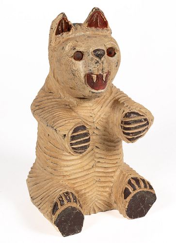 AMERICAN FOLK ART CARVED AND PAINTED WOODEN BEAR