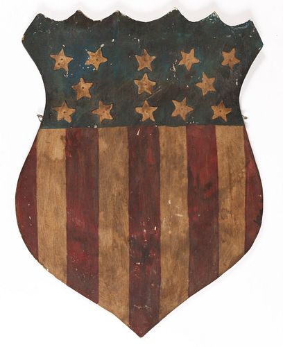 FOLK ART CARVED AND PAINTED WOODEN PATRIOTIC SHIELD