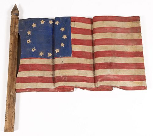 FOLK ART CARVED AND PAINTED WOODEN PATRIOTIC FLAG