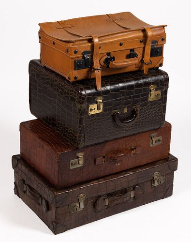 VINTAGE ALLIGATOR / LEATHER SUITCASES, LOT OF FOUR
