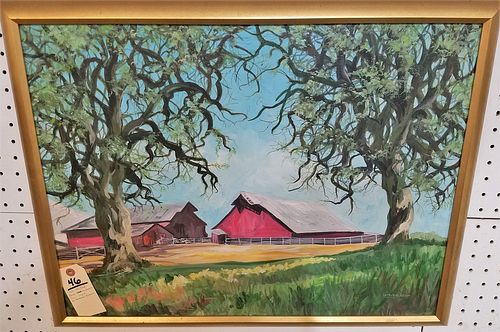 FRAMED O/C THE RED BARN, OAKDALE, CA SGND DEMARCUS BROWN 18" X 24"