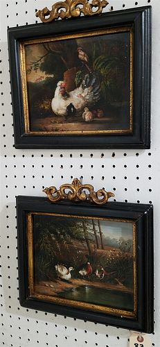 PR FRAMED O/COPPER PANELS CHICKENS AND DUCKS SGND J.F.T. 7-3/4" X 9-3/4"EA