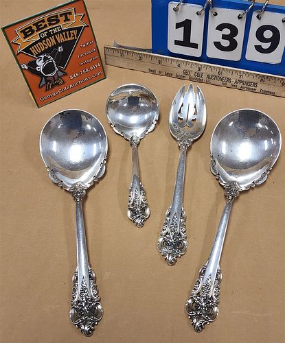 LOT 4PC WALLACE STERLING GRAND BAROQUE SERVING SPOONS, FORKS, GRAVY LADLE 14.89 OZT