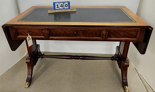 DUNCAN PHYFE STYLE MAGH LEATHER TOP DROP LEAF 3 DRAWER DESK 30-1/2"H X 49"W X 23-1/2"D W/11" DROPLEAVES