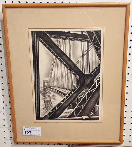 FRAMED LITHO "HIDSON RIVER BRIDGE" PENCIL SGND HOWARD COOK W/ KENNEDY AND CO RARE PRINTS LABEL ON BACK 14 1/2" X 10 1/2" W/ FRAME 21 1/2" X 17 1/4"