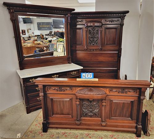 VICT WALNUT 2 PC BED SET SGND SCHLUND AND DOLL FINE FURN BUFFALO, NY FULL BED 6'8"H X 59"W AND MARBLE TOP 5 DRAWER DRESSER 6'8"H X 50 1/4"W X 22"D