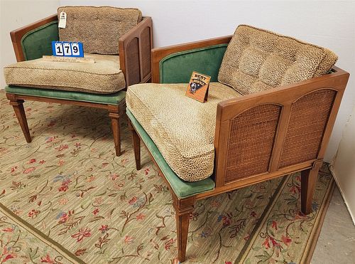 PR 60'S UPHOLS ARMCHAIRS W/ WICKER PANELLED SIDES AND BACK 26 1/4"H X 26"W X 27"D