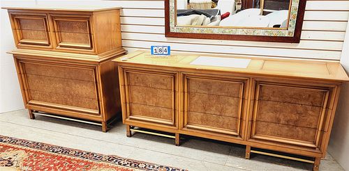 MID CENTURY 2 PC CONTEMPARA BY METZ MAPLE 9 DRAWER CHEST W/ MARBLE PANEL TOP 31"H X 6'W X 20 1/2"D AND 7 DRAWER TALL CHEST 4'H X 44"W X 20 1/2"D