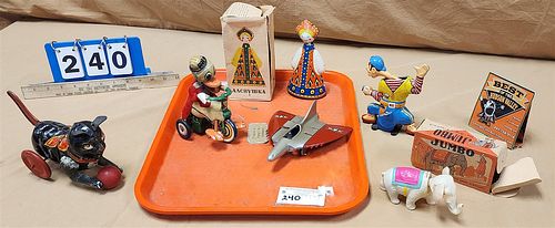 TRAY 5 WIND UP TOYS - RUSSIAN W/BX, JUMBO THE ANGRY ELEPHANT W/BX, ALPS DUCK ON TRICYCLE, MIKUNI PIRATE AND MARX CAT, HUBLEY JET W/FOLD UP WINGS
