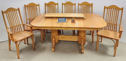 OAK DINING TABLE 42"W X 6"L W/2 - 12"LEAVES AND 6 CHAIRS 43"H X 23"W X 21"D