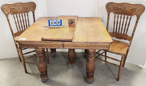 OAK 42"SQ DINING TABLE W. LEAF AND PR CHAIRS